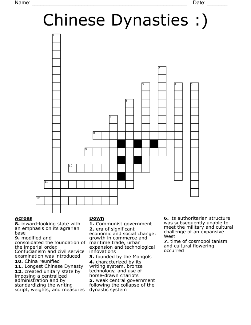 Chinese Dynasties Crossword WordMint