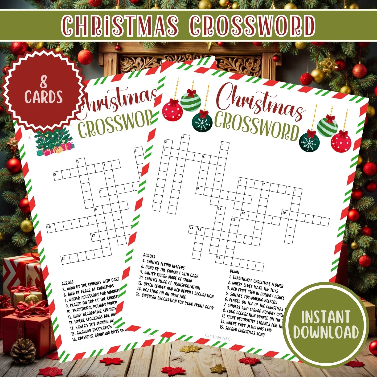 Christmas Crossword Puzzle 8 Printable Cards Fun Holiday Digital Download Frolicnook