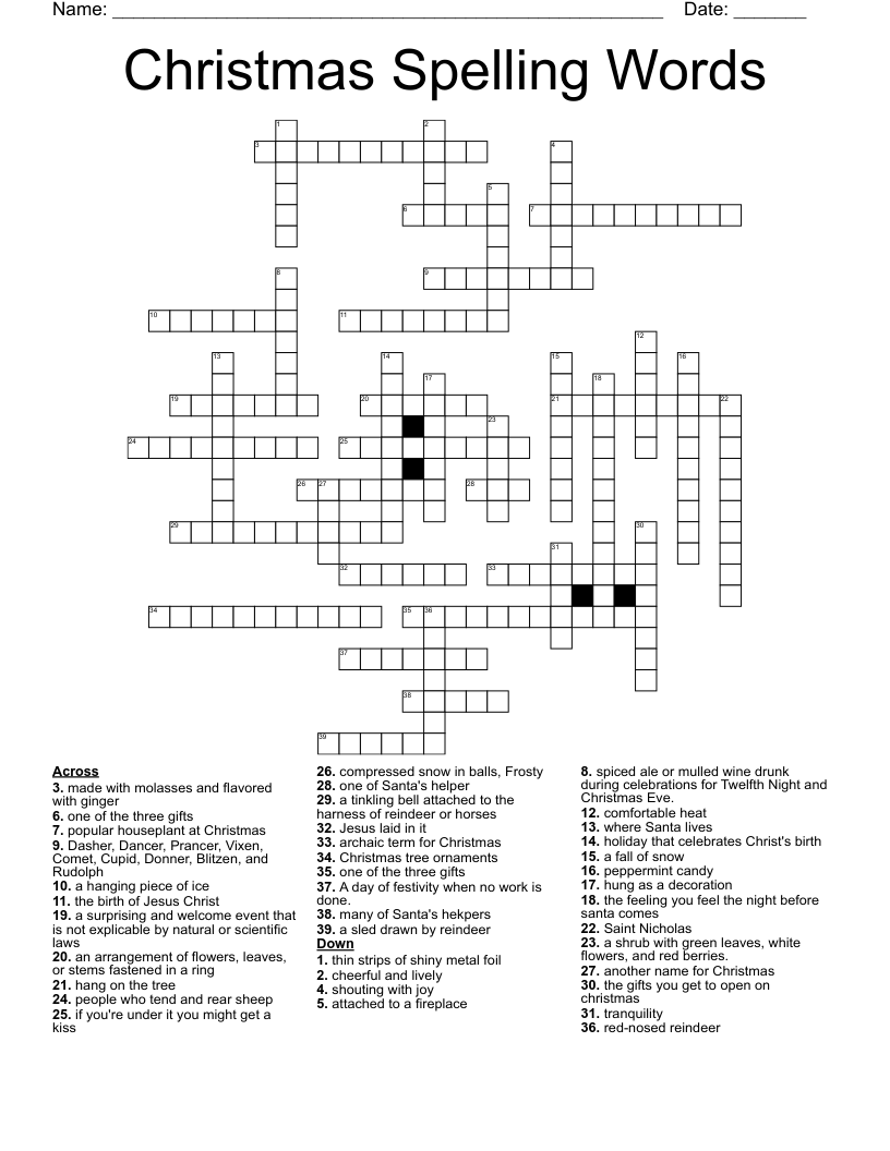 Christmas Spelling Words Crossword WordMint