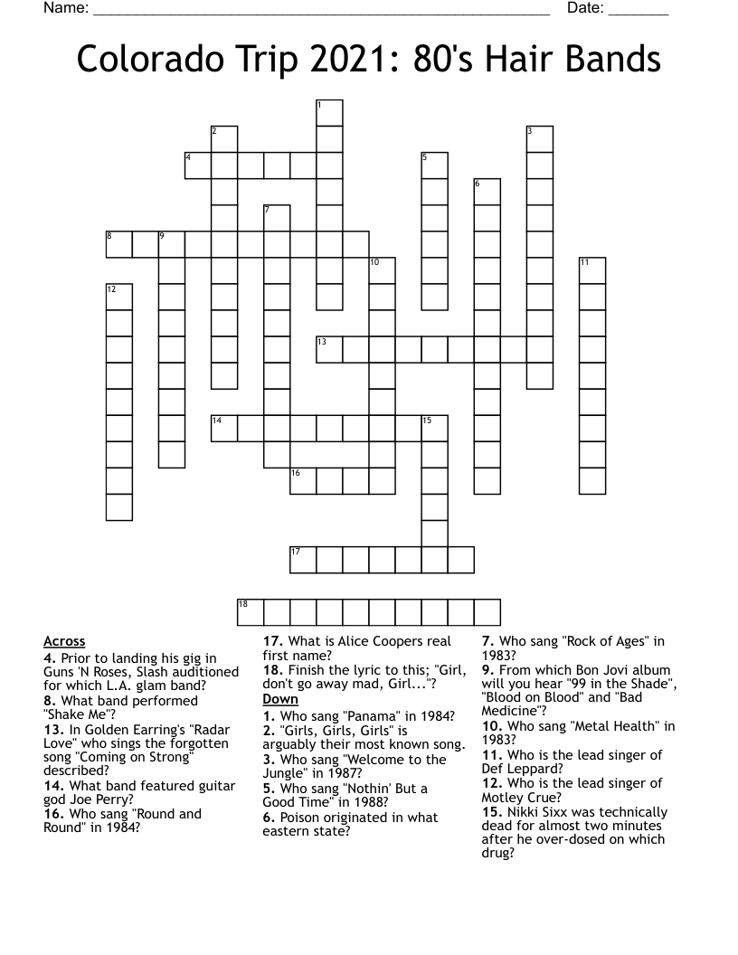 Colorado Trip 2021 80 s Hair Bands Crossword WordMint Colorado Trip 2021 80 s Hair Bands Crossword WordMint