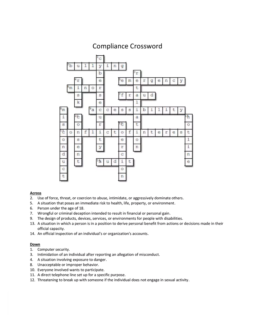 Compliance Crossword Puzzle Answer Key Edubirdie