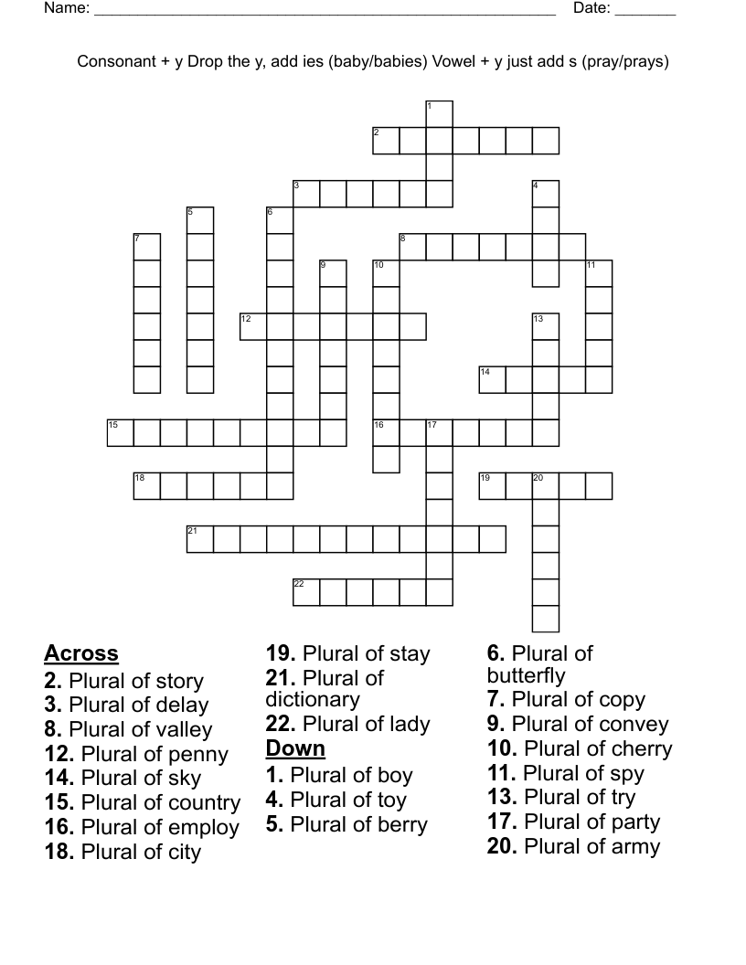 Consonant Y Drop The Y Add Ies baby babies Vowel Y Just Add S pray prays Crossword WordMint
