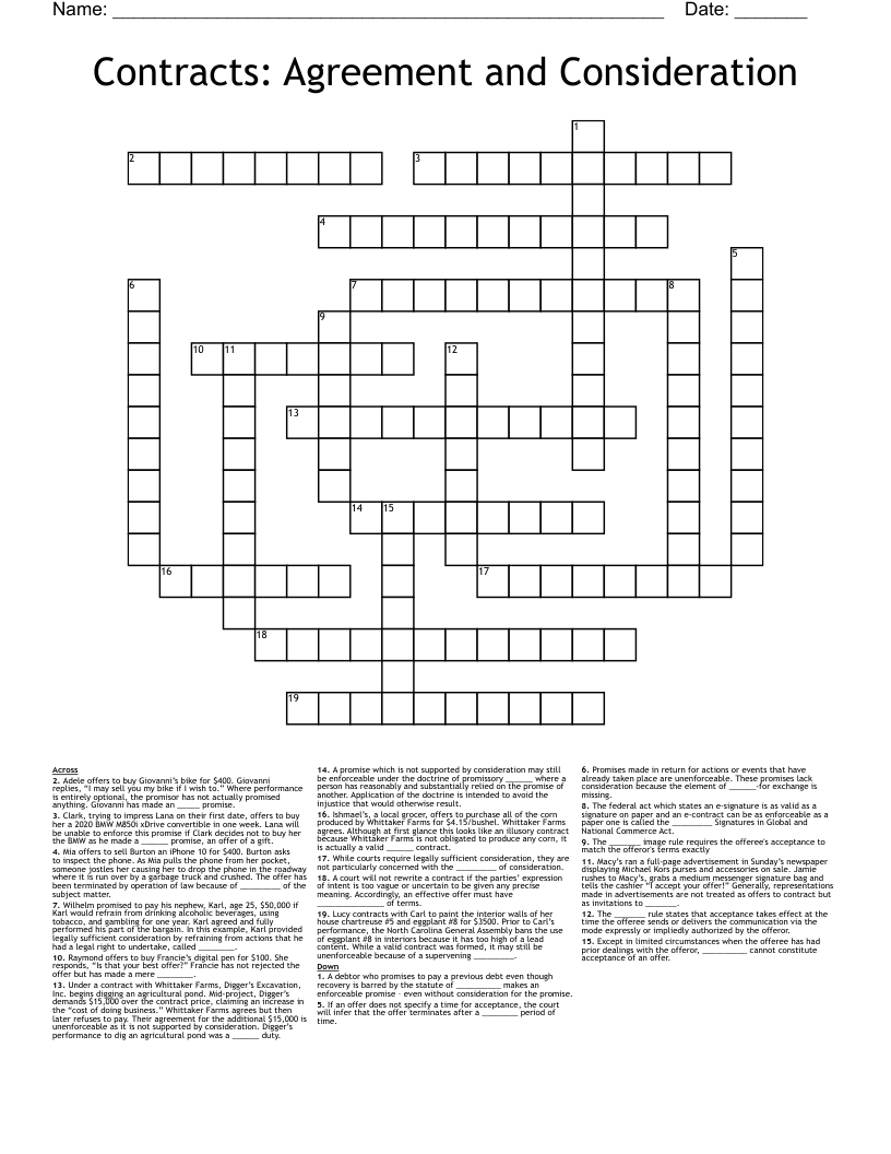 Contracts Agreement And Consideration Crossword WordMint Contracts Agreement And Consideration Crossword WordMint