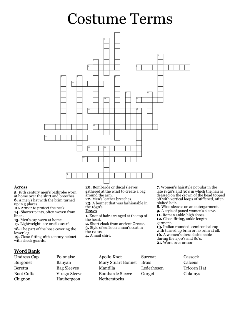 Costume Terms Crossword WordMint