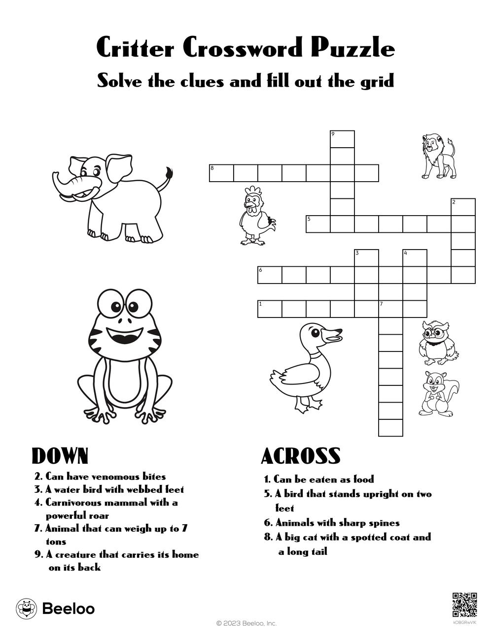 Critter Crossword Puzzle Beeloo Printable Crafts And Activities For Kids