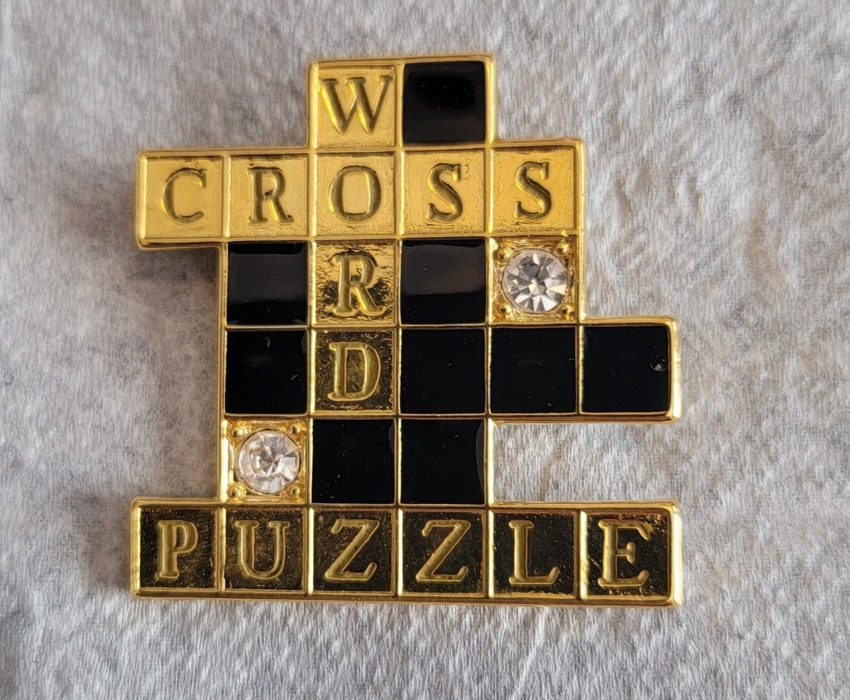 Cross Word Puzzle Pin Brooch Gold Tone W 2 Clear Crystals 1 5 EBay
