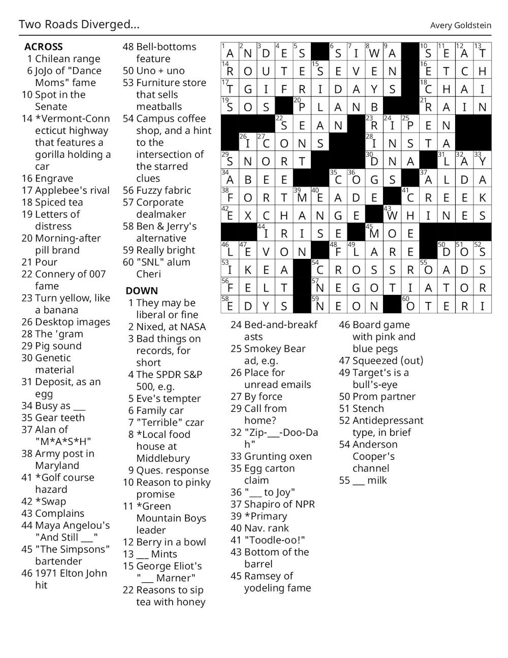 Crossword 02 26 2026 Solutions Two Roads Diverged The Middlebury Campus