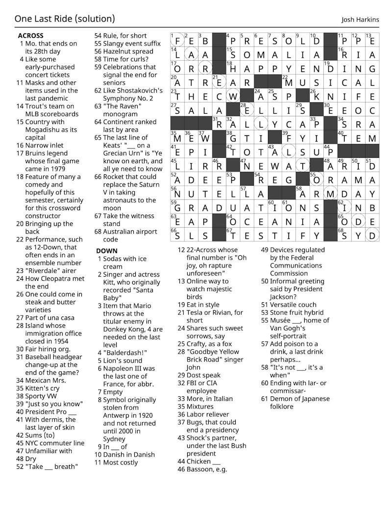 Crossword 05 08 2025 Solution One Last Ride The Middlebury Campus
