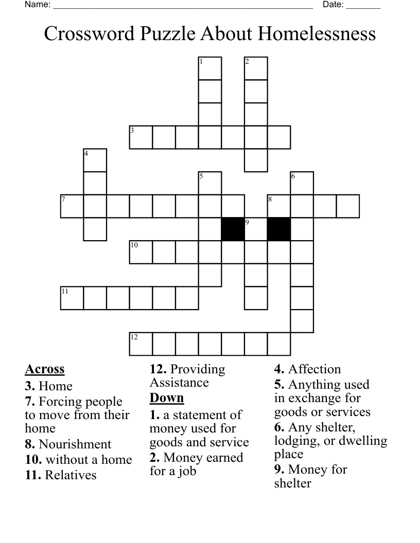 Crossword Puzzle About Homelessness WordMint Crossword Puzzle About Homelessness WordMint