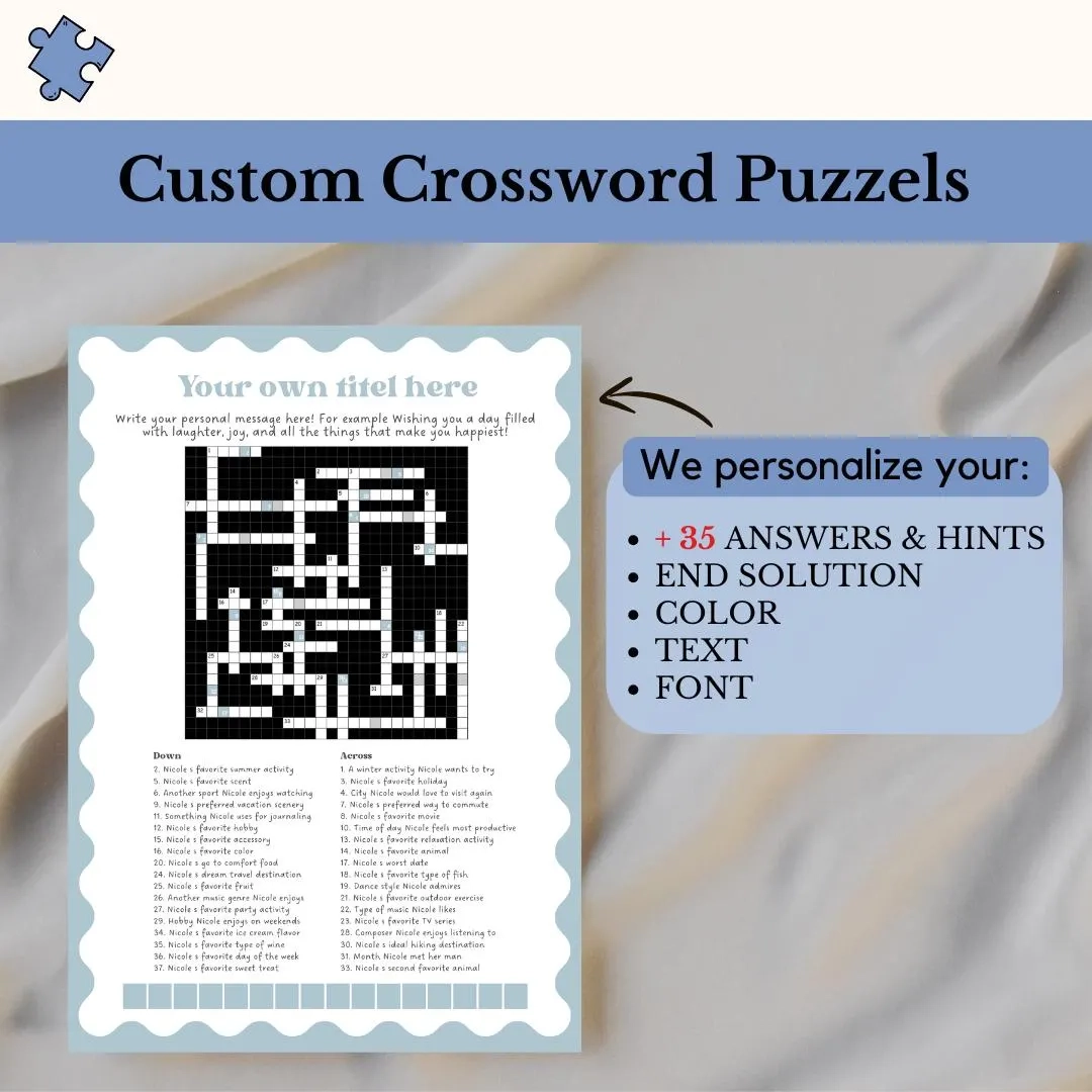 Crossword Puzzle Custom Gift 100 Personalized Crosswords NYT Crossword Hidden Message Puzzle Present 35 Custom Hints Answers Etsy