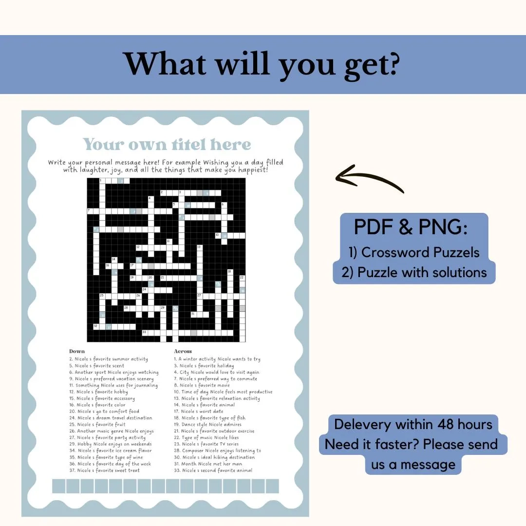 Crossword Puzzle Custom Gift 100 Personalized Crosswords NYT Crossword Hidden Message Puzzle Present 35 Custom Hints Answers Etsy