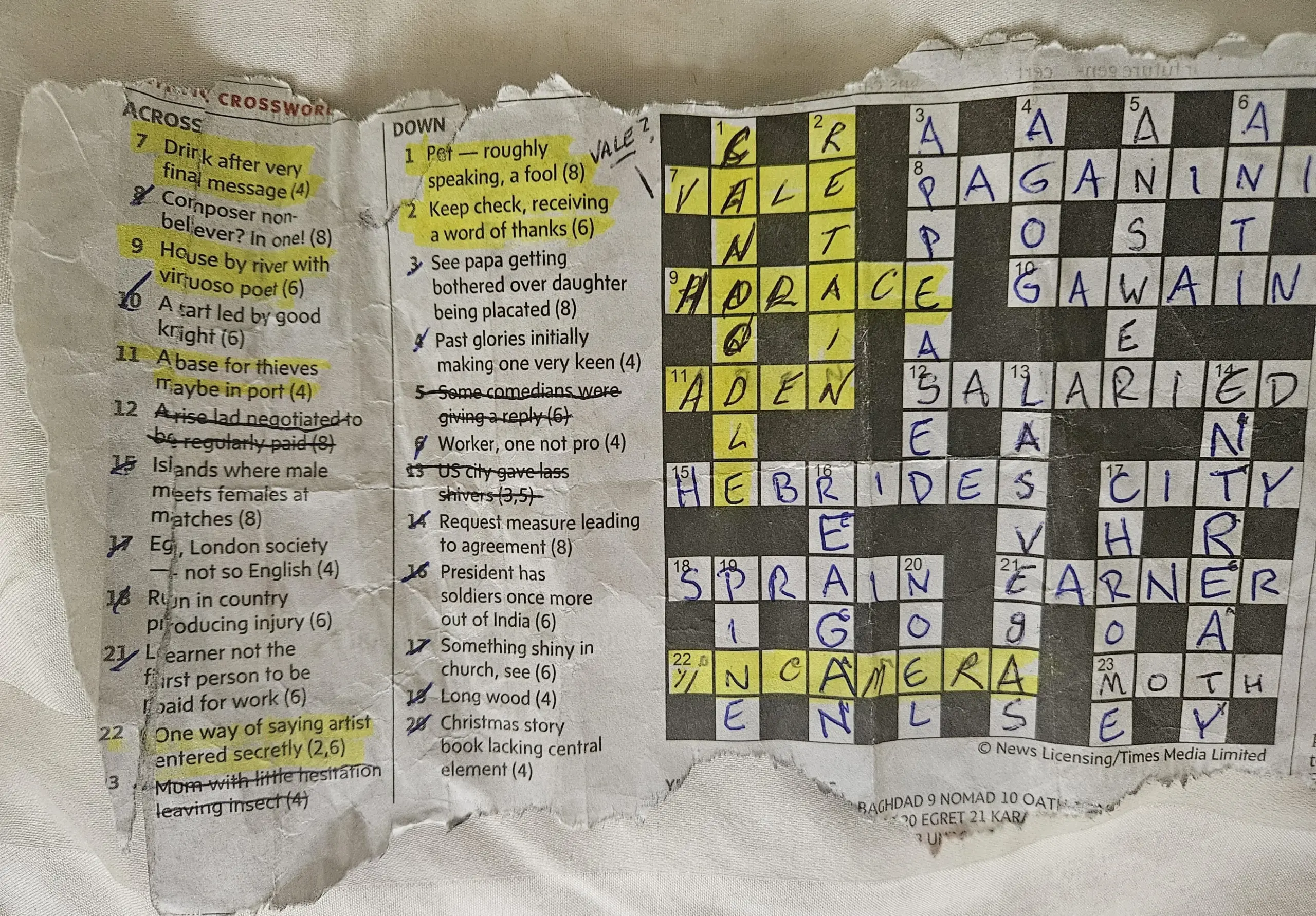 Cryptic Crossword Can Anyone Explain Where O In Horace Comes From How vale Means message 1 Down Or 22 Across I Cheated For The Highlighted Answers But Don t Understand The Logic 