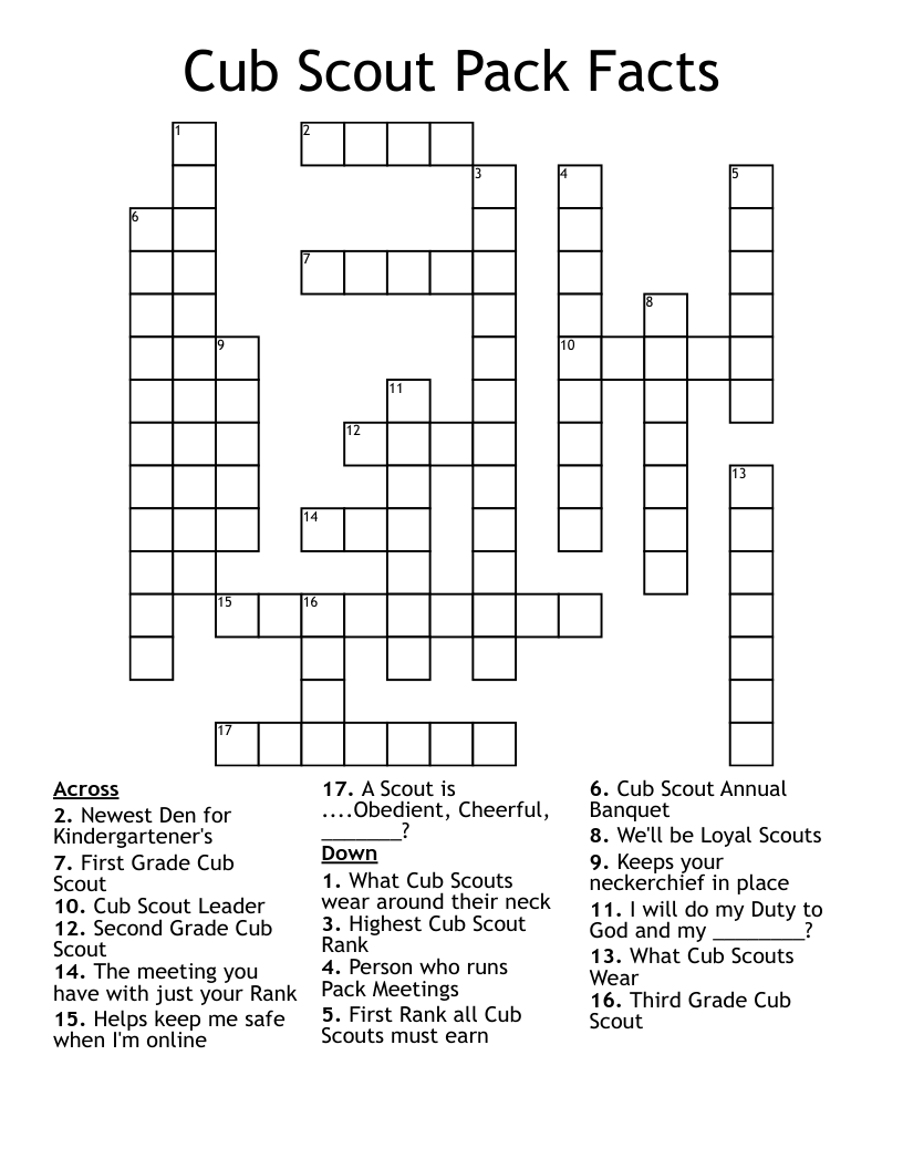 Cub Scout Pack Facts Crossword WordMint Cub Scout Pack Facts Crossword WordMint