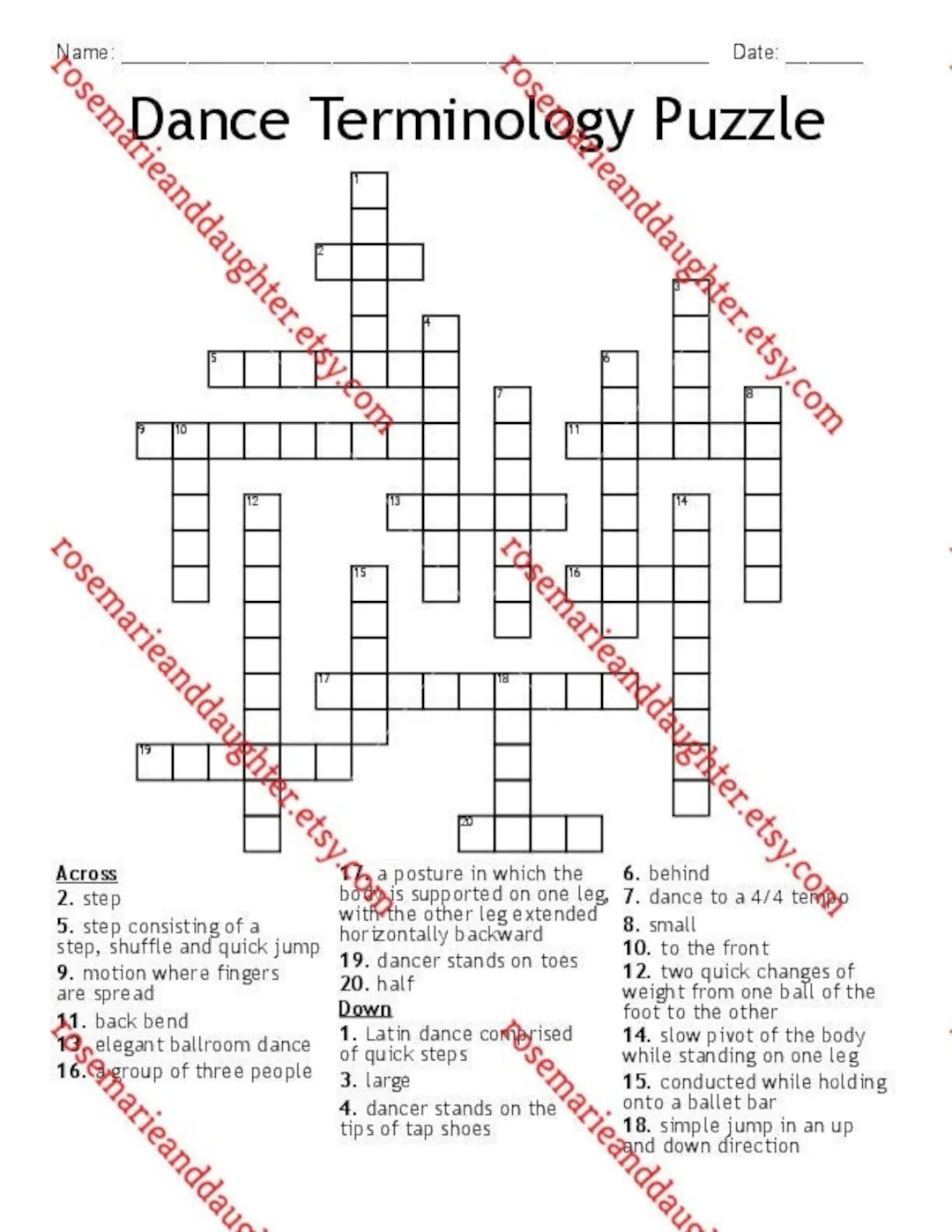 Dance Terminology Puzzle A Fun Crossword Puzzle With Answer Key Etsy