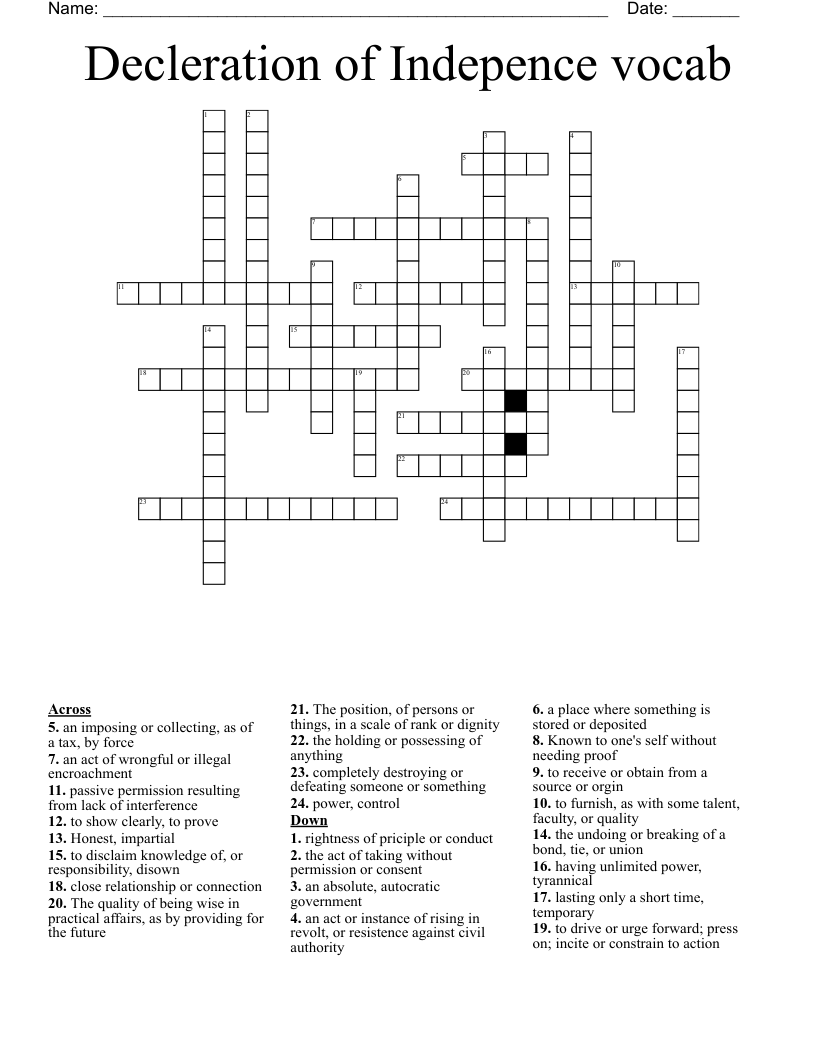 Decleration Of Indepence Vocab Crossword WordMint