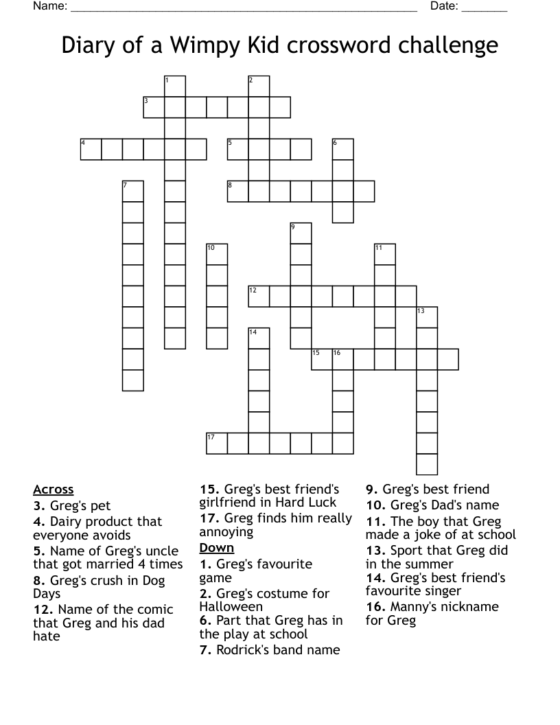 Diary Of A Wimpy Kid Crossword WordMint