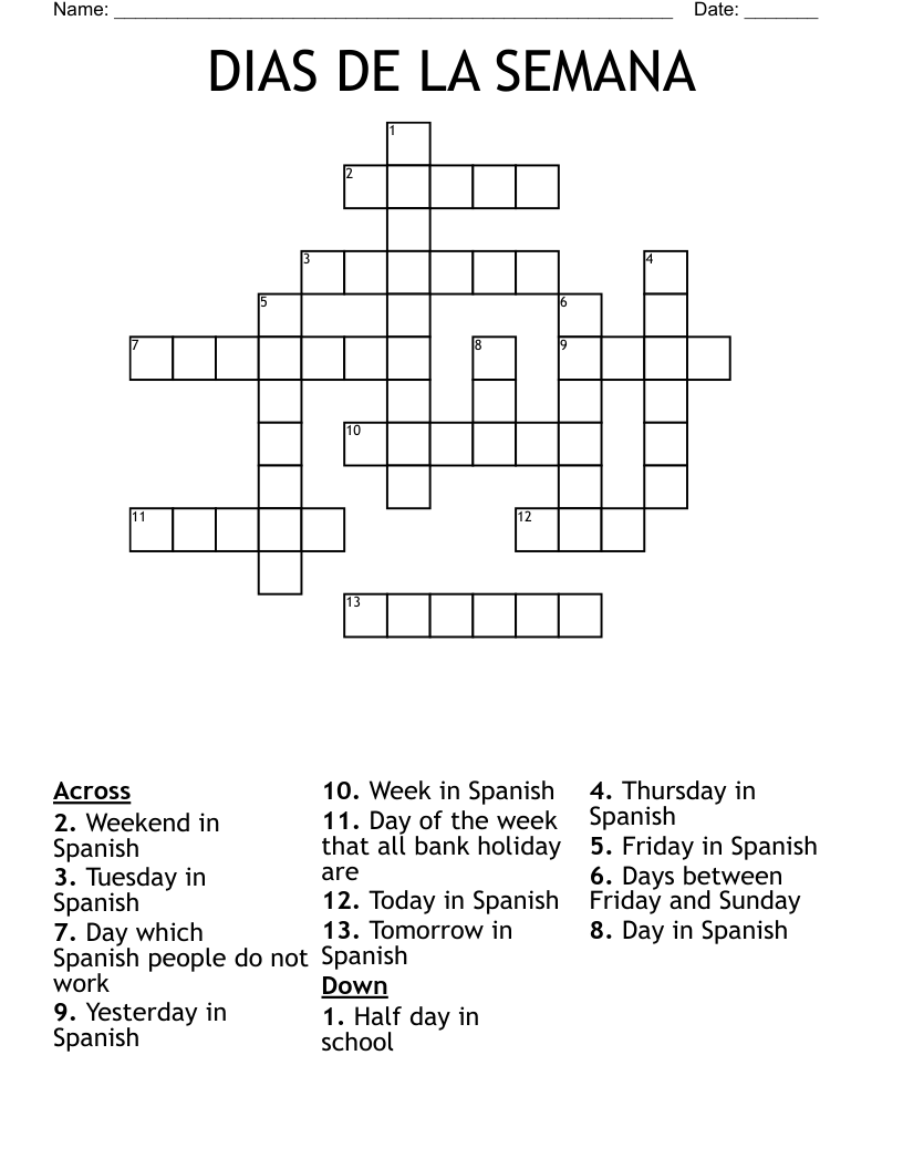 DIAS DE LA SEMANA Crossword WordMint