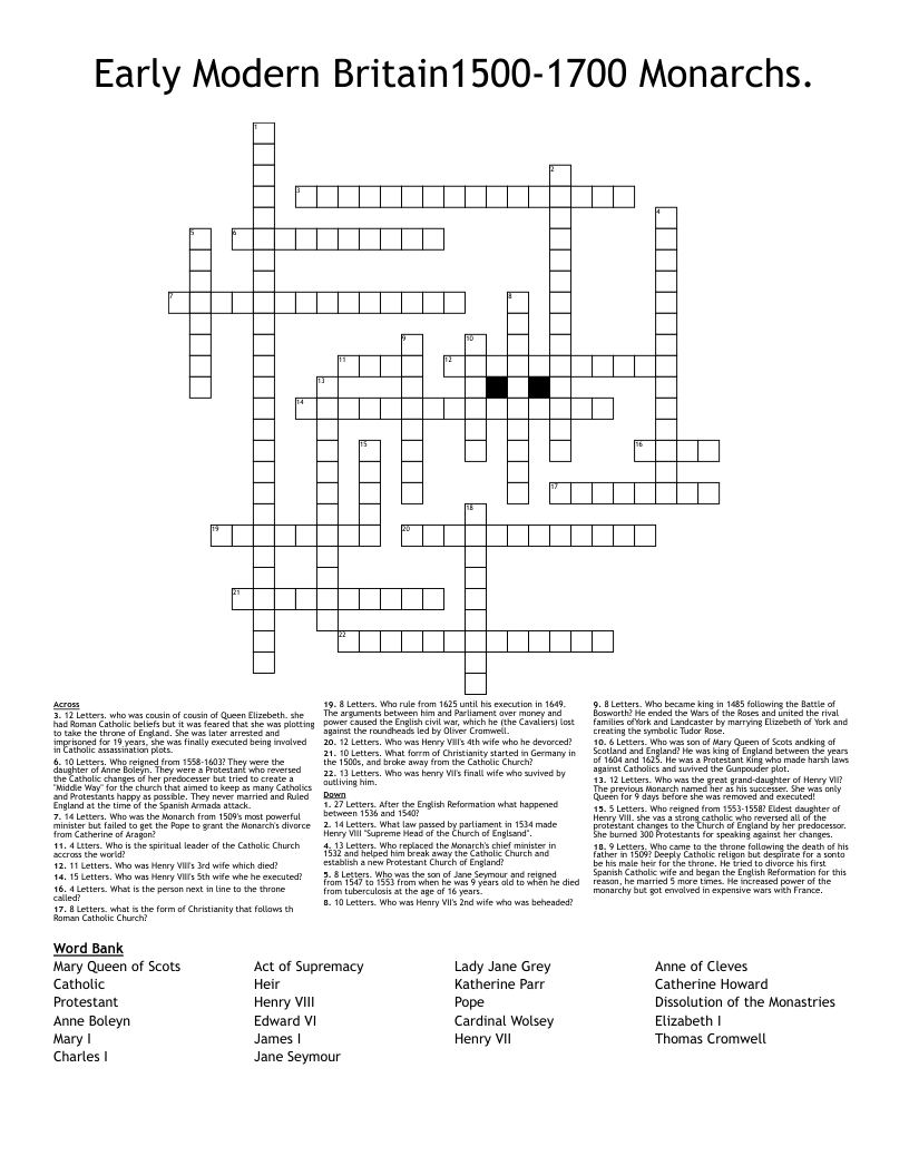 Early Modern Britain1500 1700 Monarchs Crossword WordMint