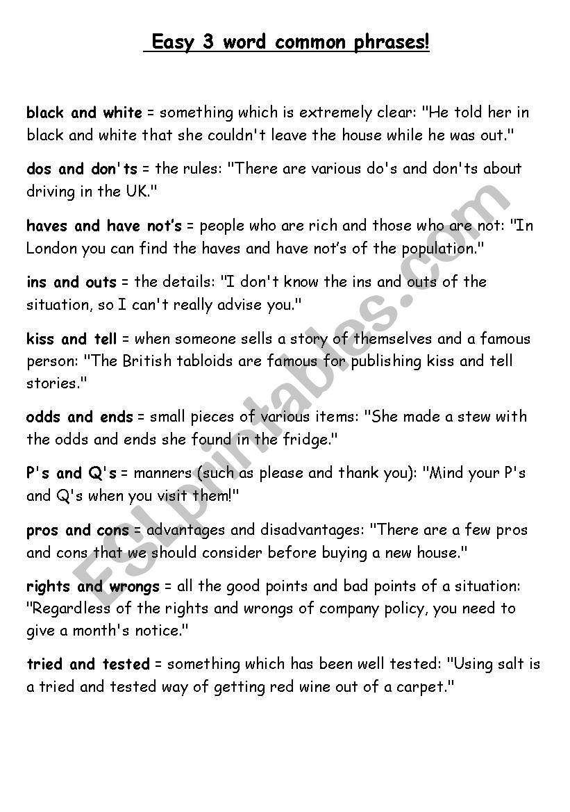 Easy Three Word Phrases Idioms ESL Worksheet By Ultra funkulaa