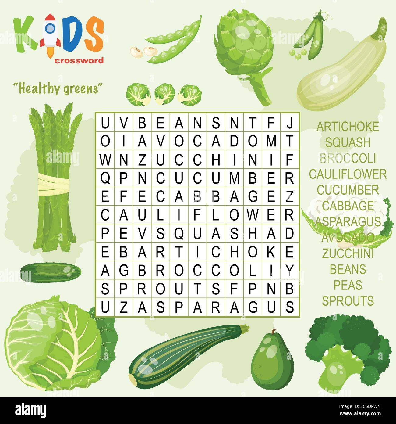Easy Word Search Crossword Puzzle Healthy Greens For Children In Elementary And Middle School Fun Way To Practice Language Comprehension And Stock Vector Image Art Alamy