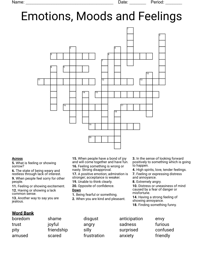 Emotions Moods And Feelings Crossword WordMint