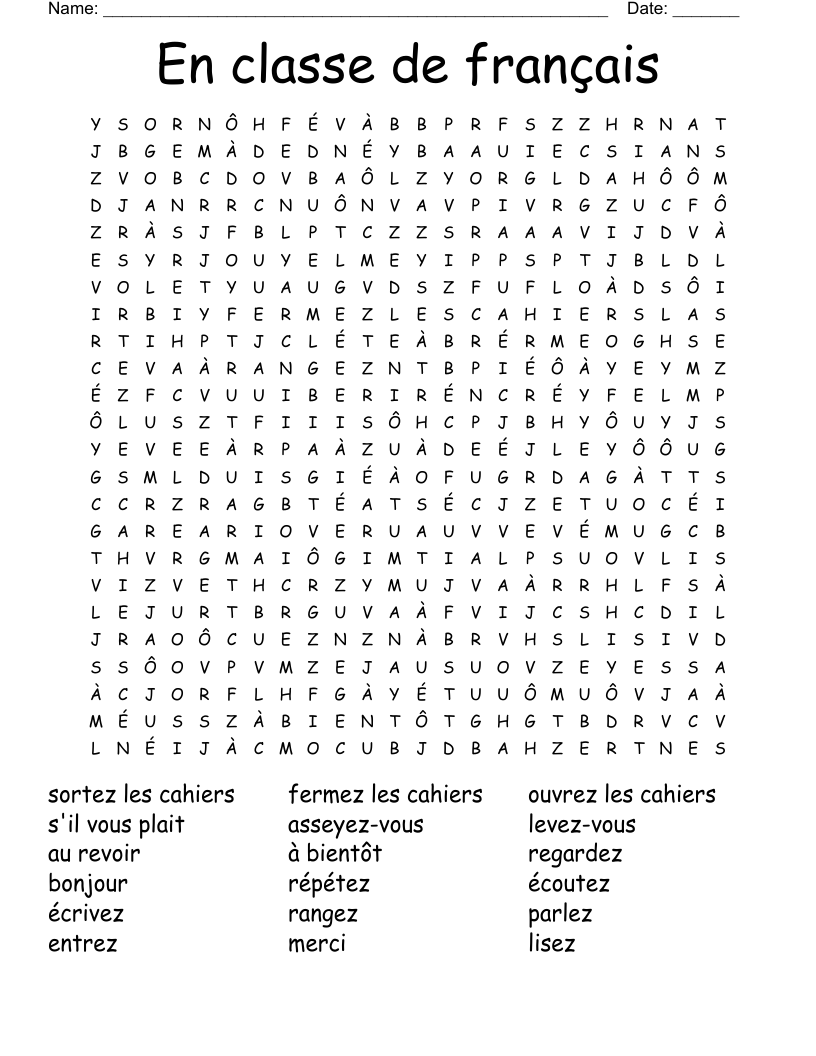 En Classe De Fran ais Word Search WordMint