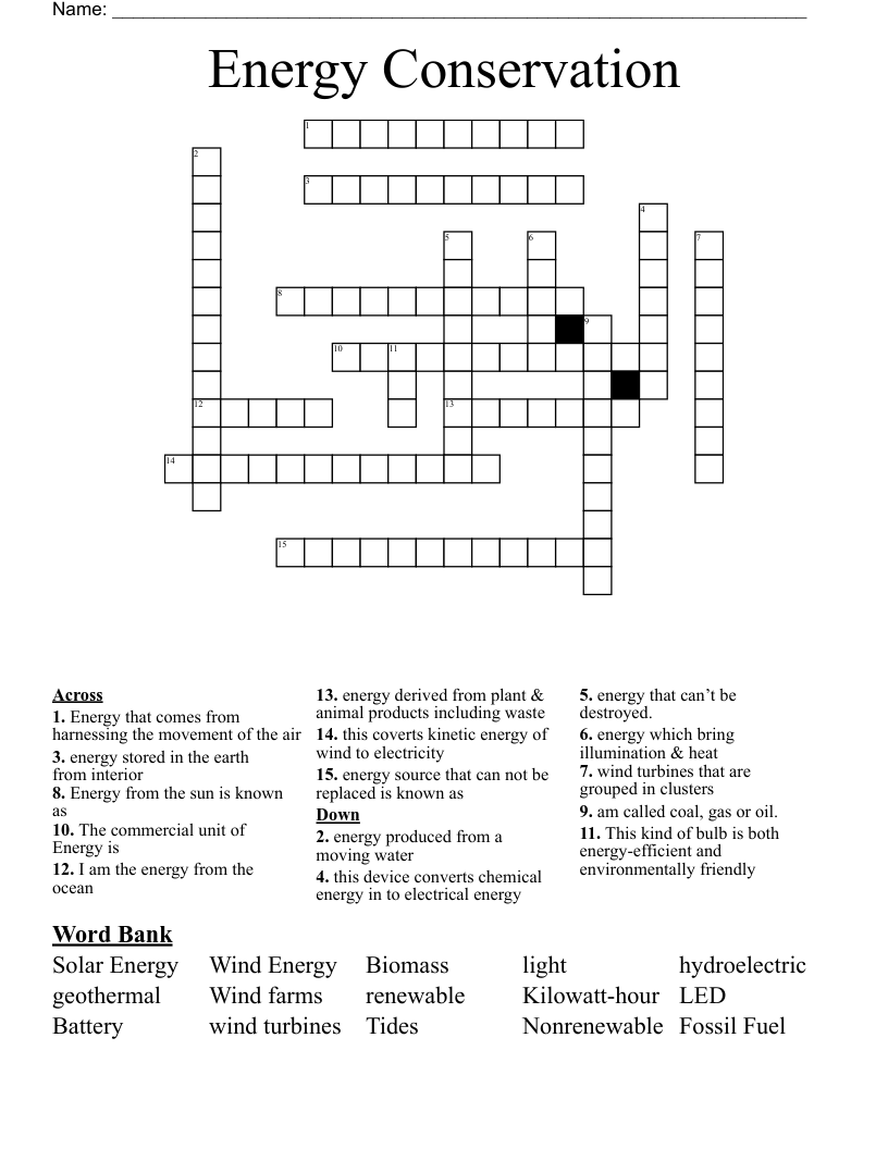 Energy Conservation Crossword WordMint