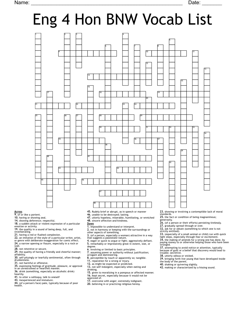 Eng 4 Hon BNW Vocab List Crossword WordMint