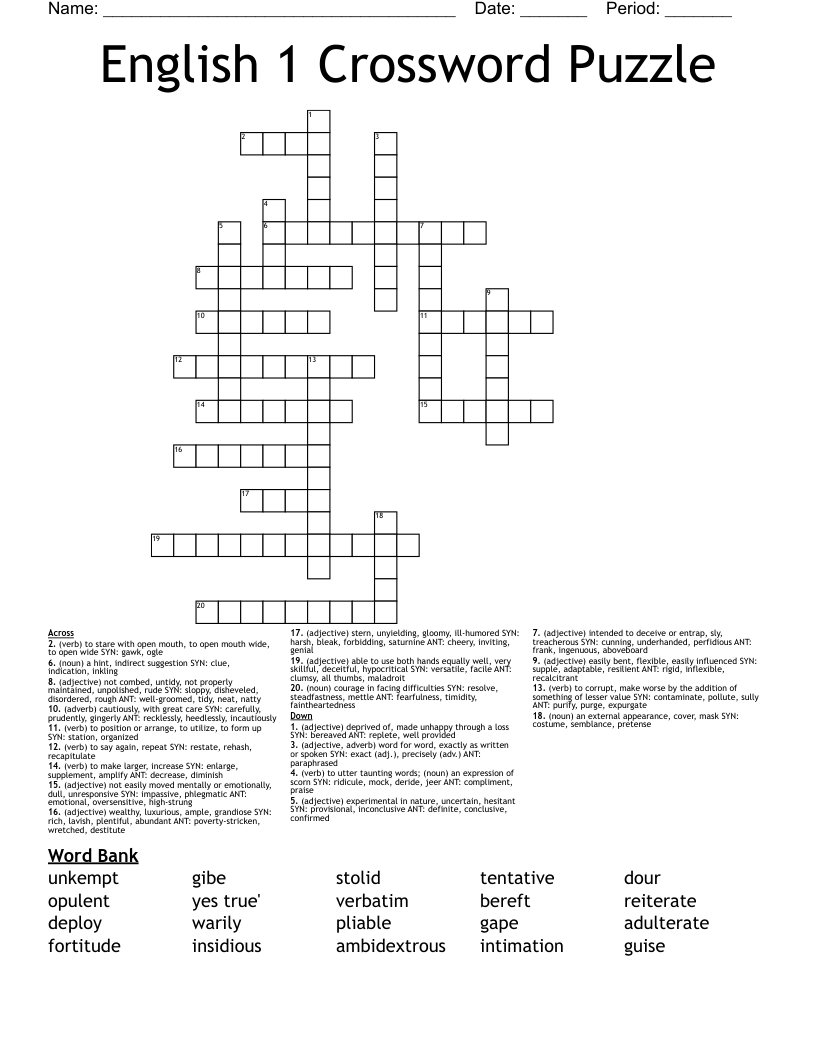 English 1 Crossword Puzzle WordMint