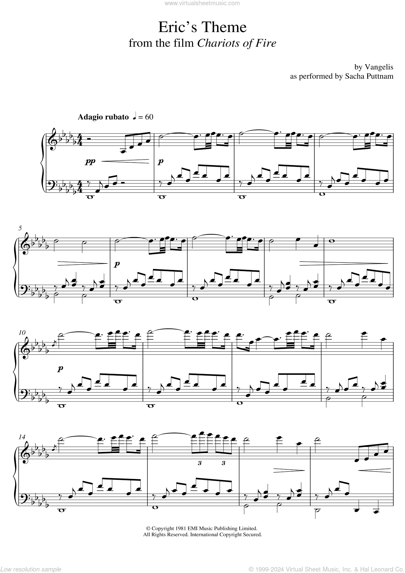 Eric s Theme from Chariots Of Fire as Performed By Sacha Puttnam Sheet Music For Piano Solo