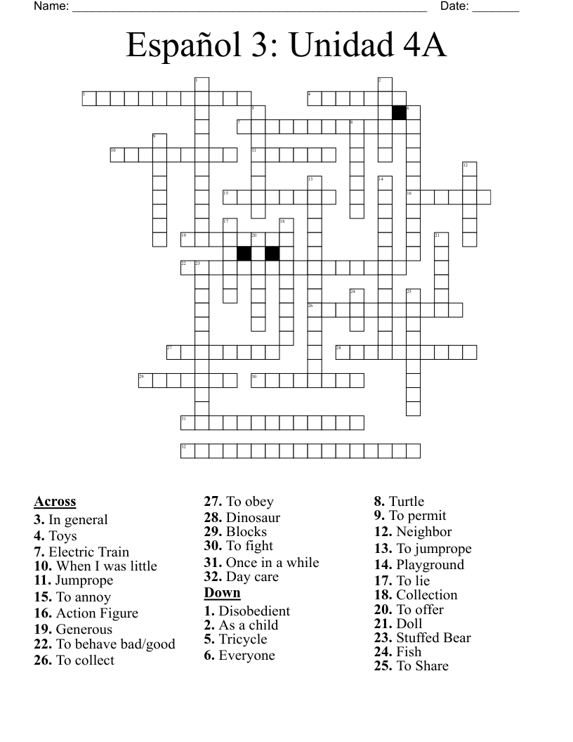 Espa ol 3 Unidad 4A Crossword WordMint Espa ol 3 Unidad 4A Crossword WordMint