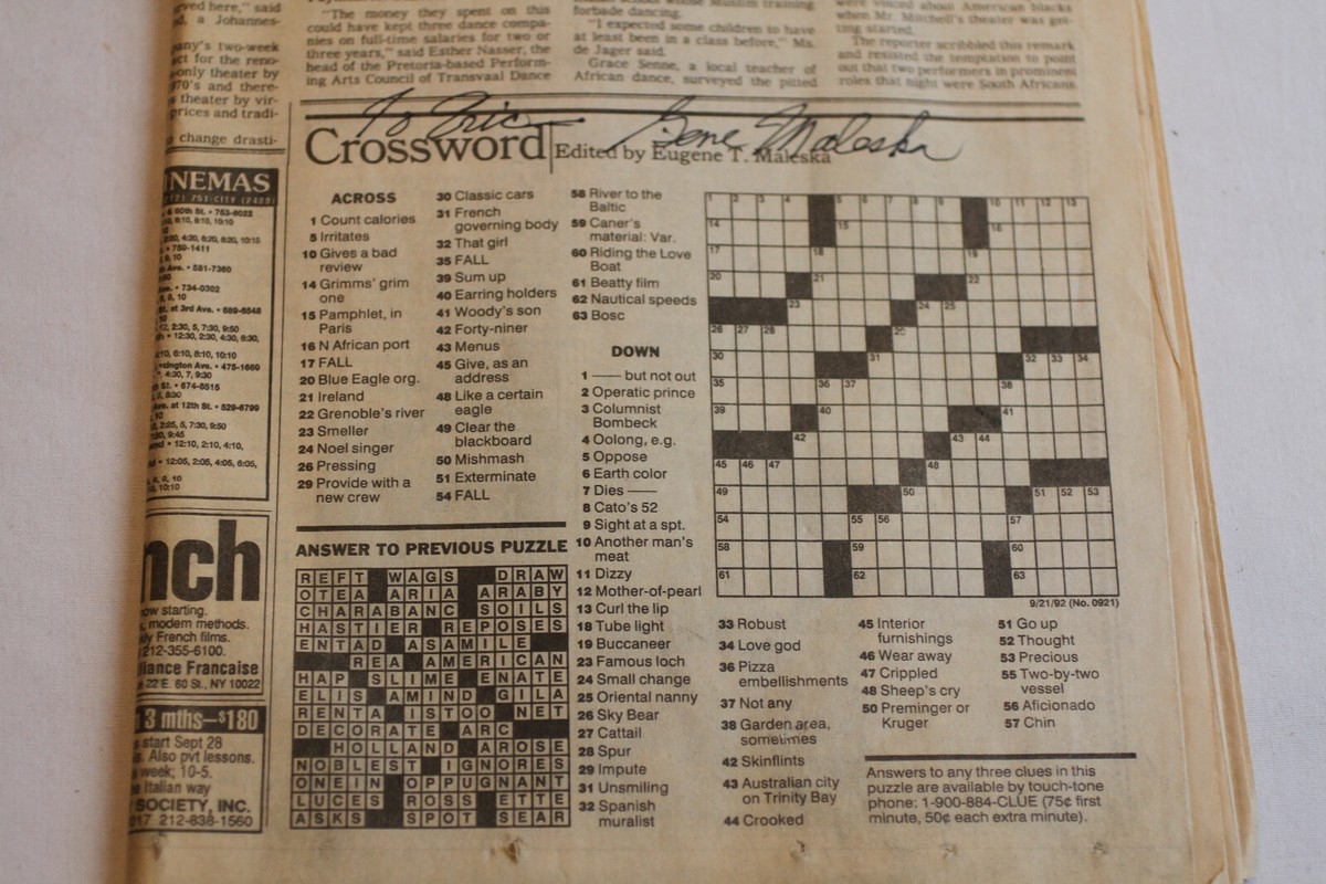 Eugene Maleska Signed NY Times Crossword Puzzle 1990 EBay