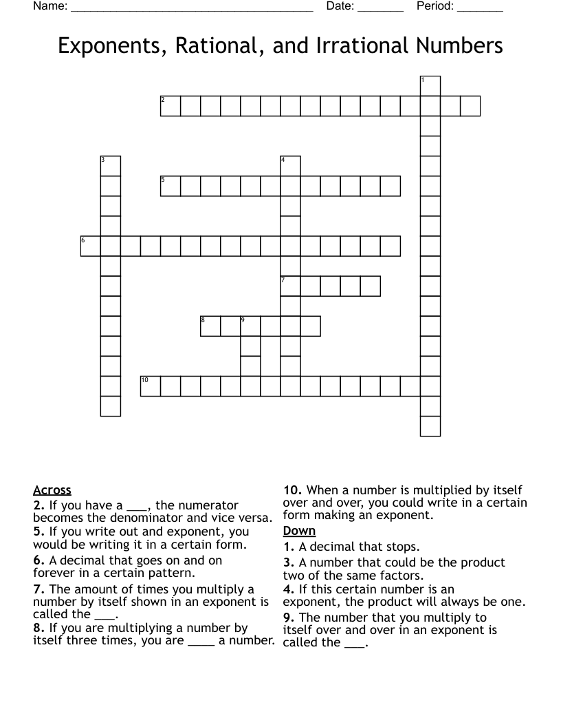 Exponents Rational And Irrational Numbers Crossword WordMint