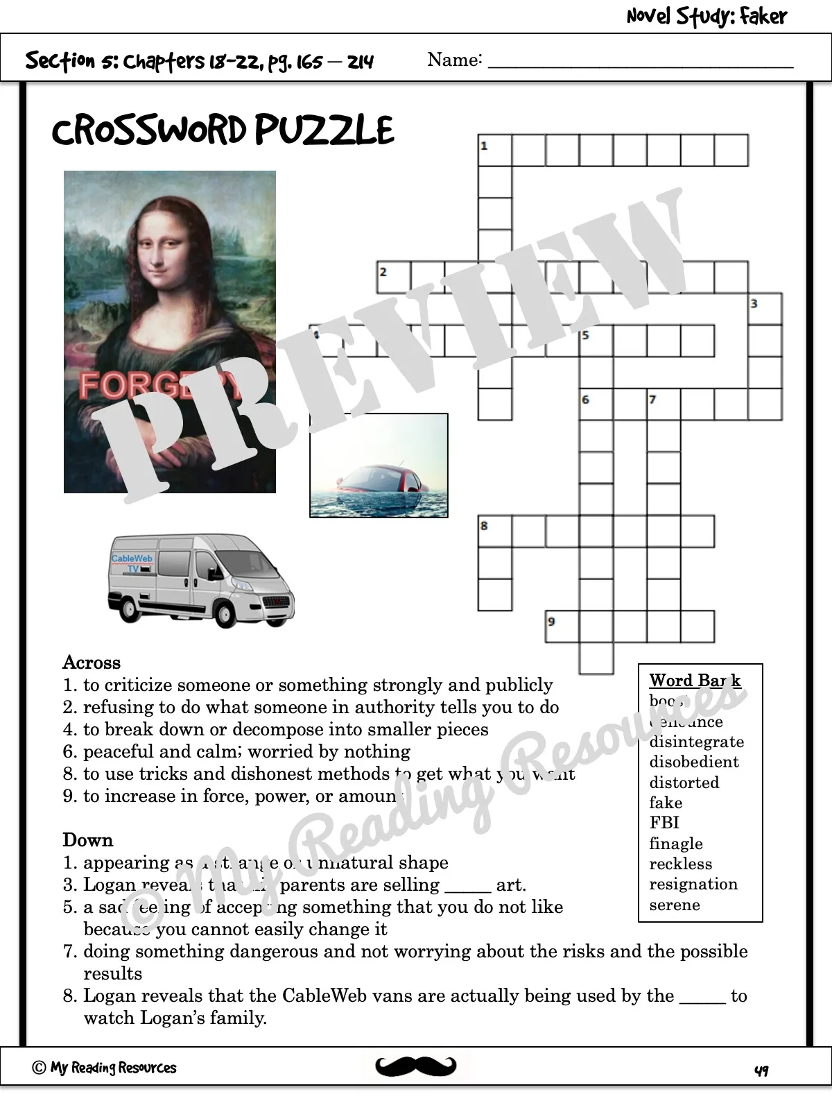 Faker Novel Study My Reading Resources