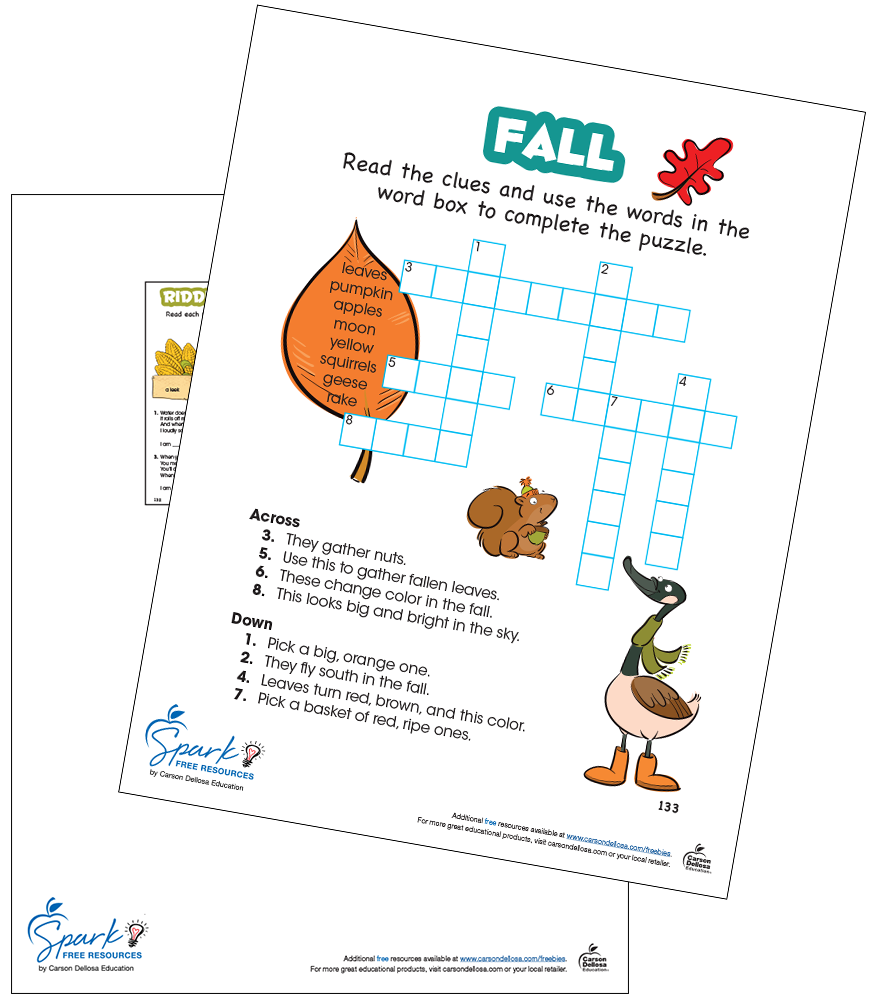 Fall Crossword Puzzle Free Printable Carson Dellosa