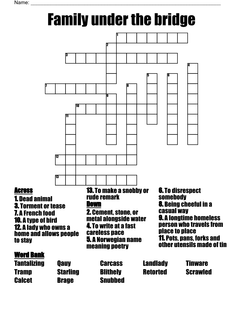 Family Under The Bridge Crossword WordMint Family Under The Bridge Crossword WordMint