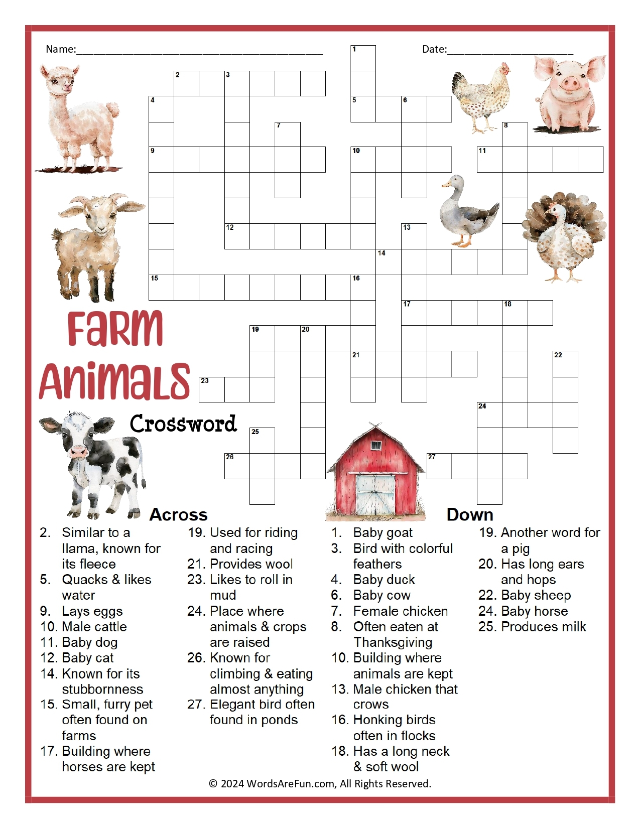 Farm Animal Crossword