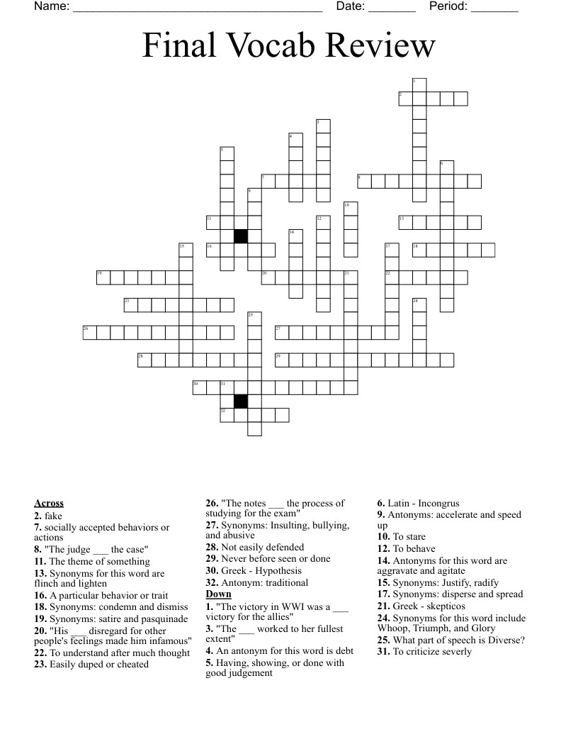 Final Vocab Review Crossword WordMint