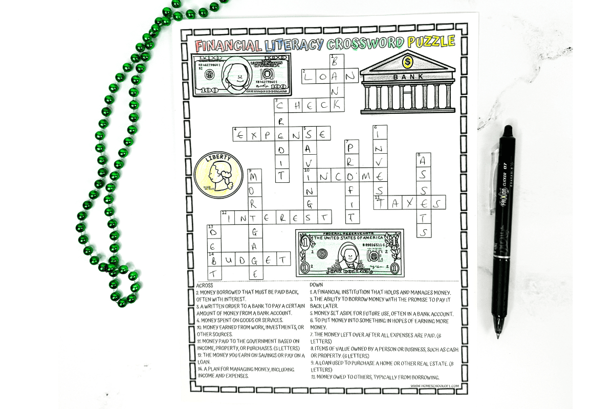 Financial Literacy Crossword Puzzle Free Printable Game 