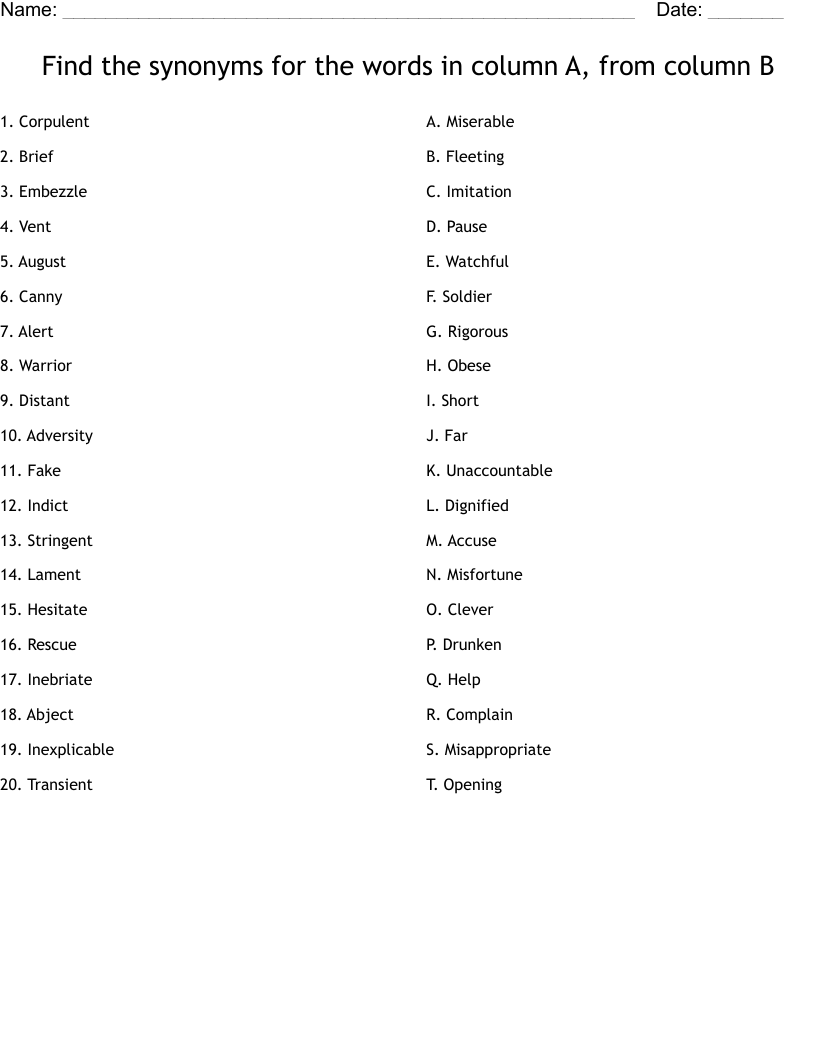 Find The Synonyms For The Words In Column A From Column B Worksheet WordMint