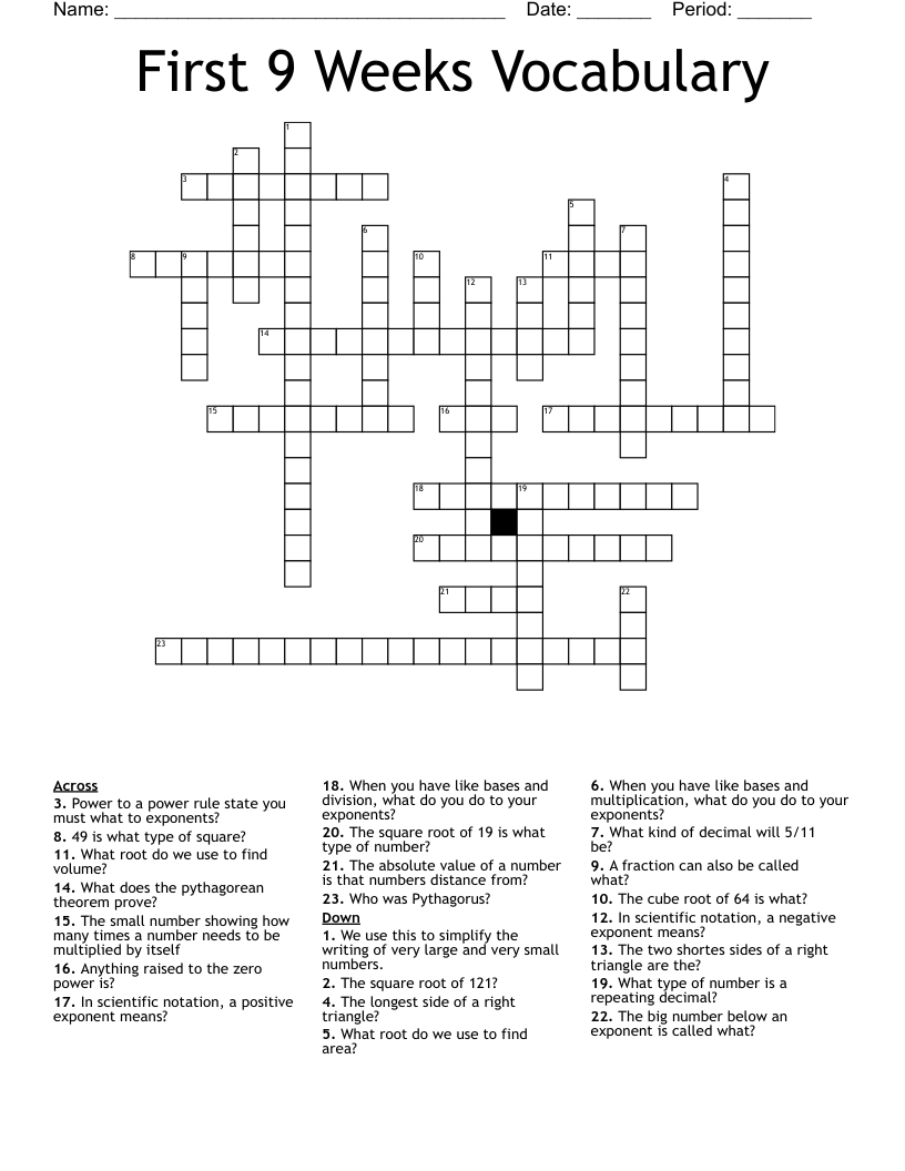First 9 Weeks Vocabulary Crossword WordMint