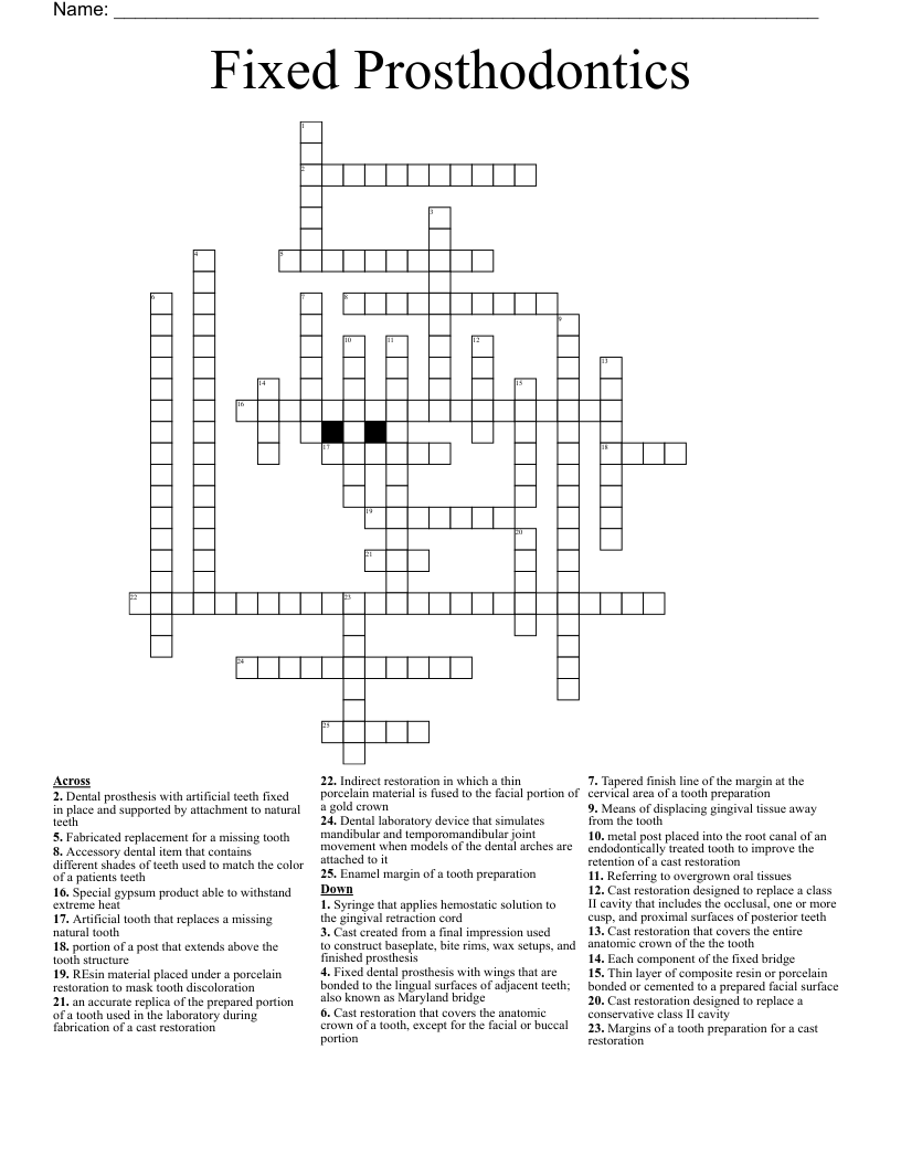 Fixed Prosthodontics Crossword WordMint