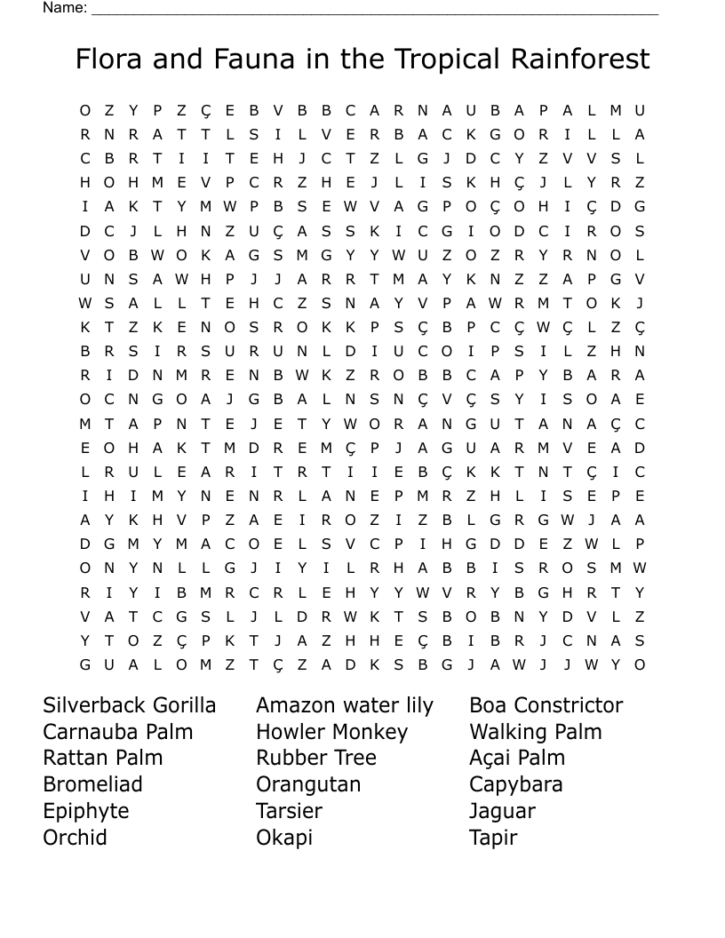 Flora And Fauna In The Tropical Rainforest Word Search WordMint Flora And Fauna In The Tropical Rainforest Word Search WordMint