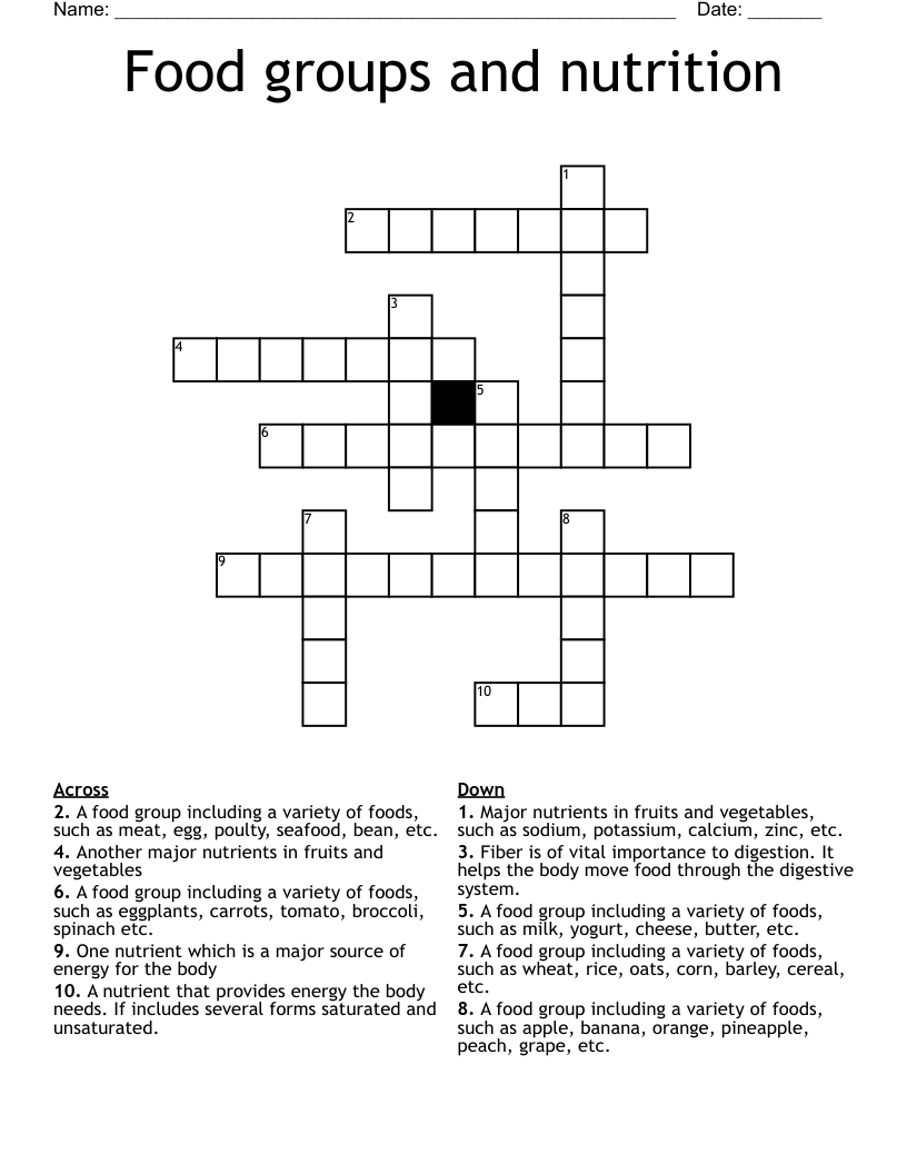 Food Groups And Nutrition Crossword WordMint