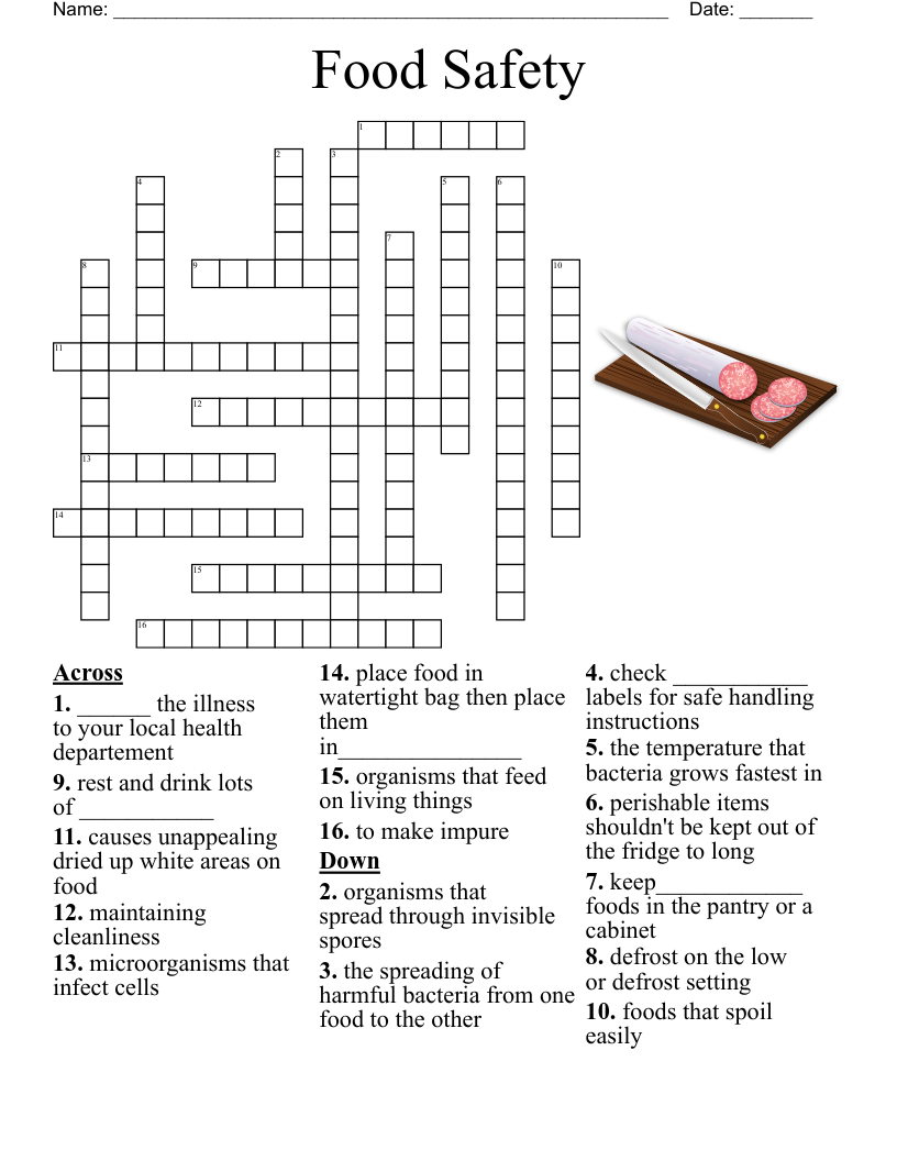 Food Safety Crossword WordMint