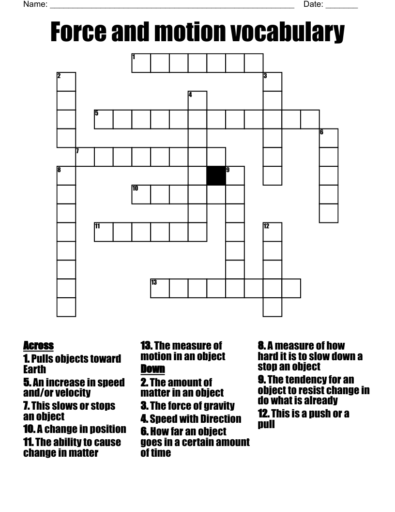 Force And Motion Vocabulary Crossword WordMint