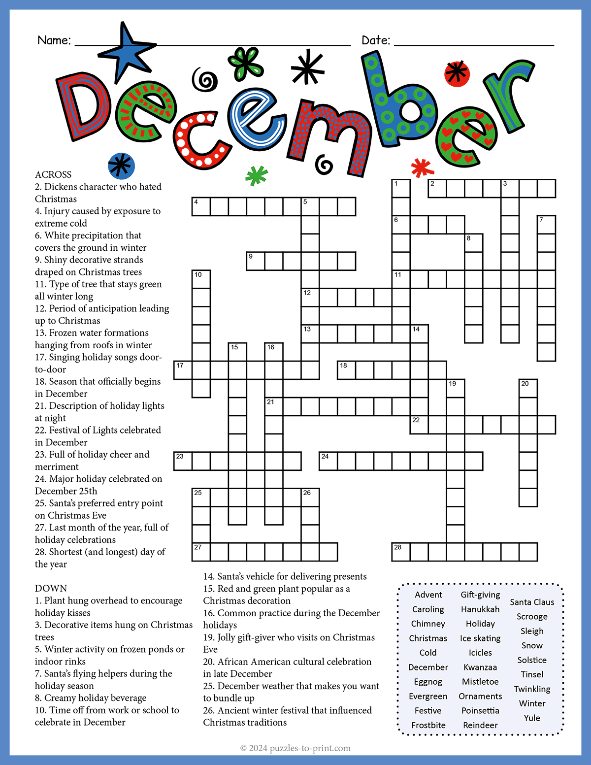 Free Printable December Crossword