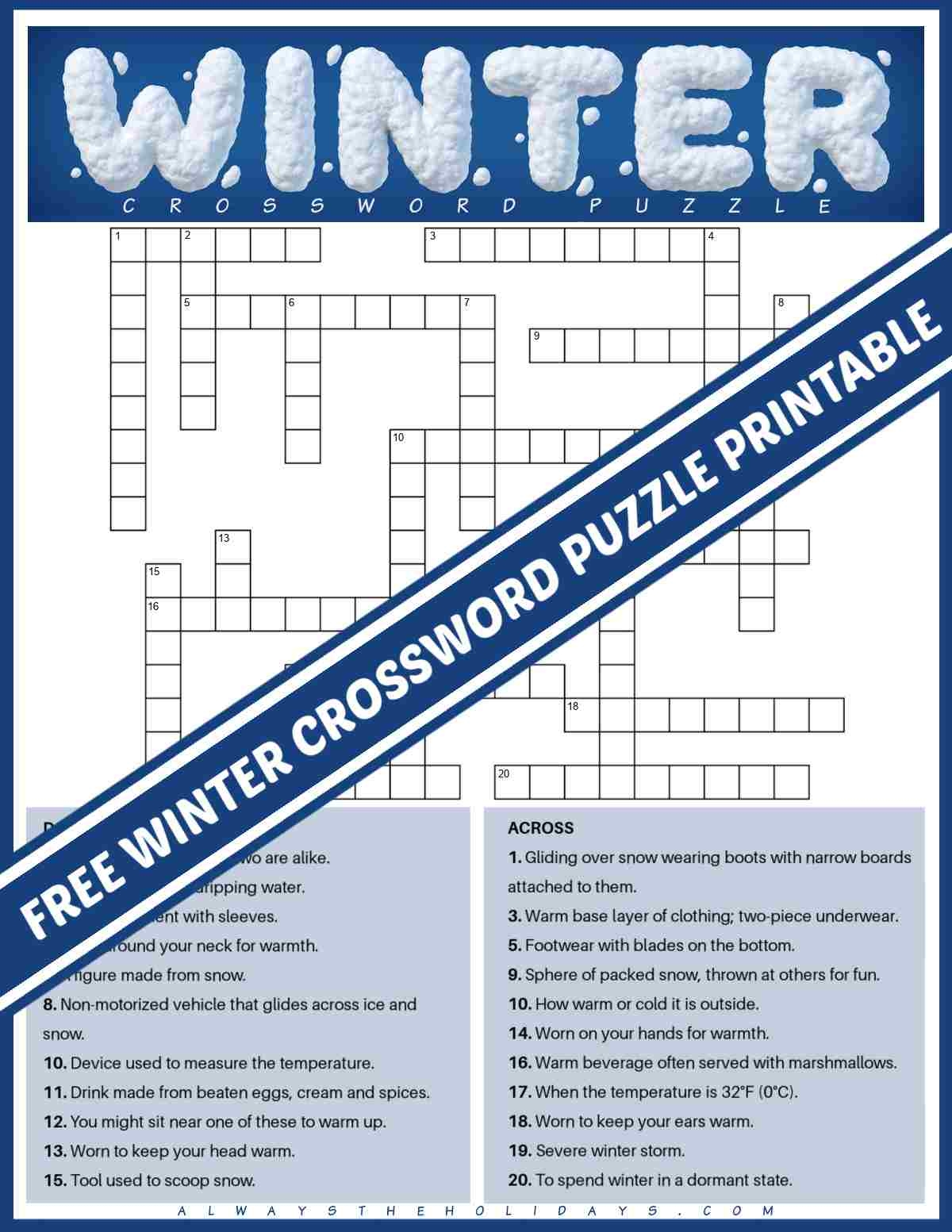 Free Winter Crossword Puzzle Printable With Answers PDF JPG 