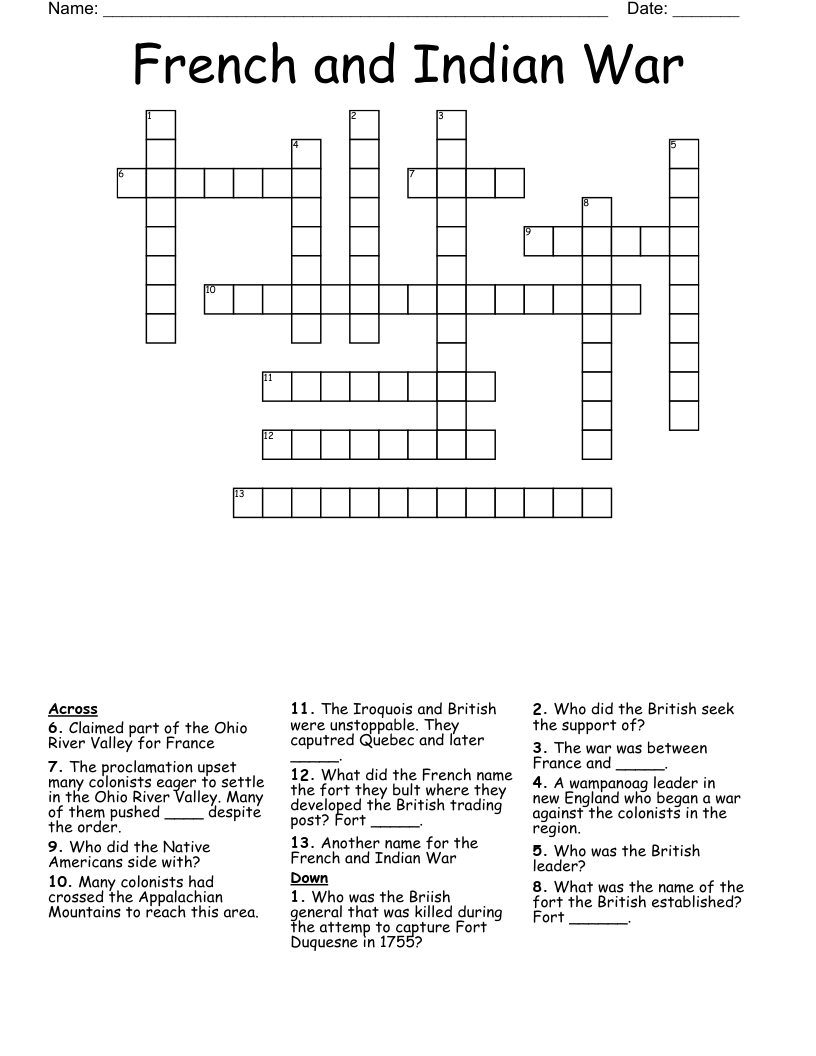 French And Indian War Crossword WordMint
