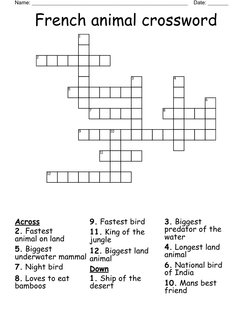 French Animal Crossword WordMint
